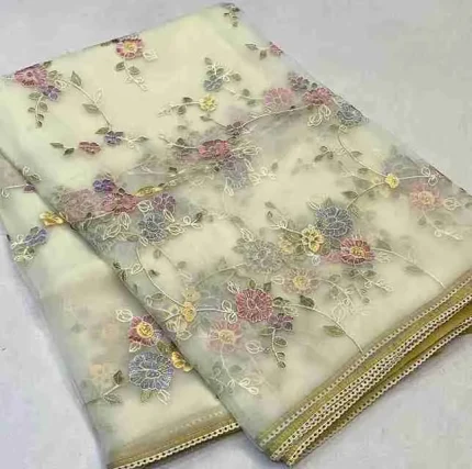 Off White Boutique-Style Organza Saree with All Over Embroidery & Chikon Kusshi Kata Border