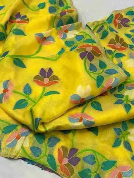 Yellow Linen Tantuj Saree with Multi-Colour Weaving
