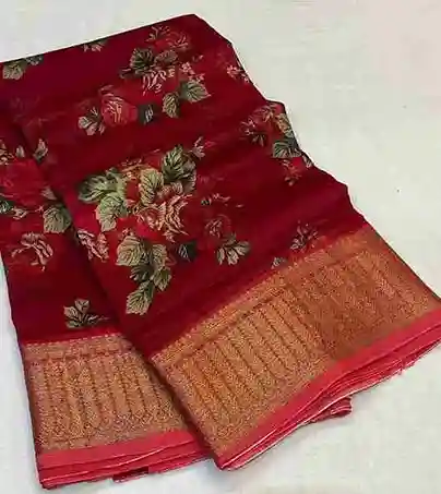 Red Elegant Maheshwari Handloom Saree with Floral Body & Zari Par