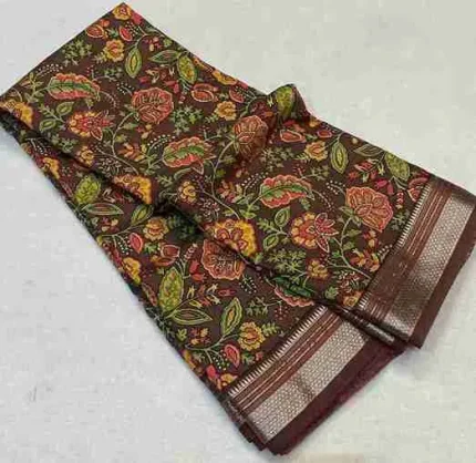Coffee Brown Soft Silk Saree with Kalamkari Floral Print & Silver Zari Border