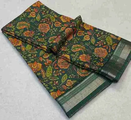 Faded Green Soft Silk Saree with Kalamkari Floral Print & Silver Zari Border