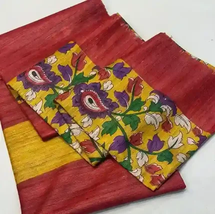 Sunlit Kalamkari – Yellow Tussore with Red Contrast