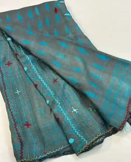 Nandini – Blue Handwoven Tussore with Artistic Stitch