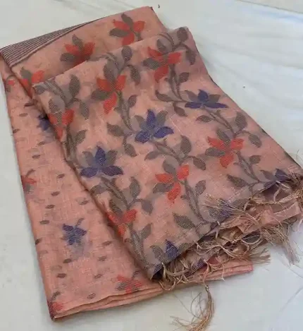 Peach Linen Tantuz Saree – Classic Handloom Elegance