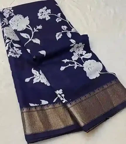 Navy Blue Banarasi Soft Silk Saree – Floral Print with Gold Zari Par