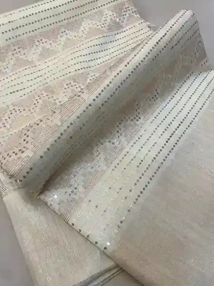 Milk White Banarasi Tussore Silk Saree – Shimmering Sequence Elegance